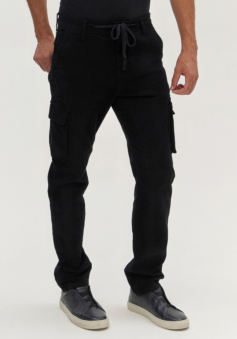 Cal&ccedil;a Jogging Masculina Com Bolsos Cargo Em Sarja E Elastano, PRETO REATIVO, large.