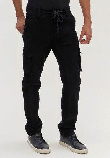 Calça Jogging Masculina Com Bolsos Cargo Em Sarja E Elastano, PRETO REATIVO. Calça Jogging Masculina Com Bolsos Cargo Em Sarja E Elastano, PRETO REATIVO, large.