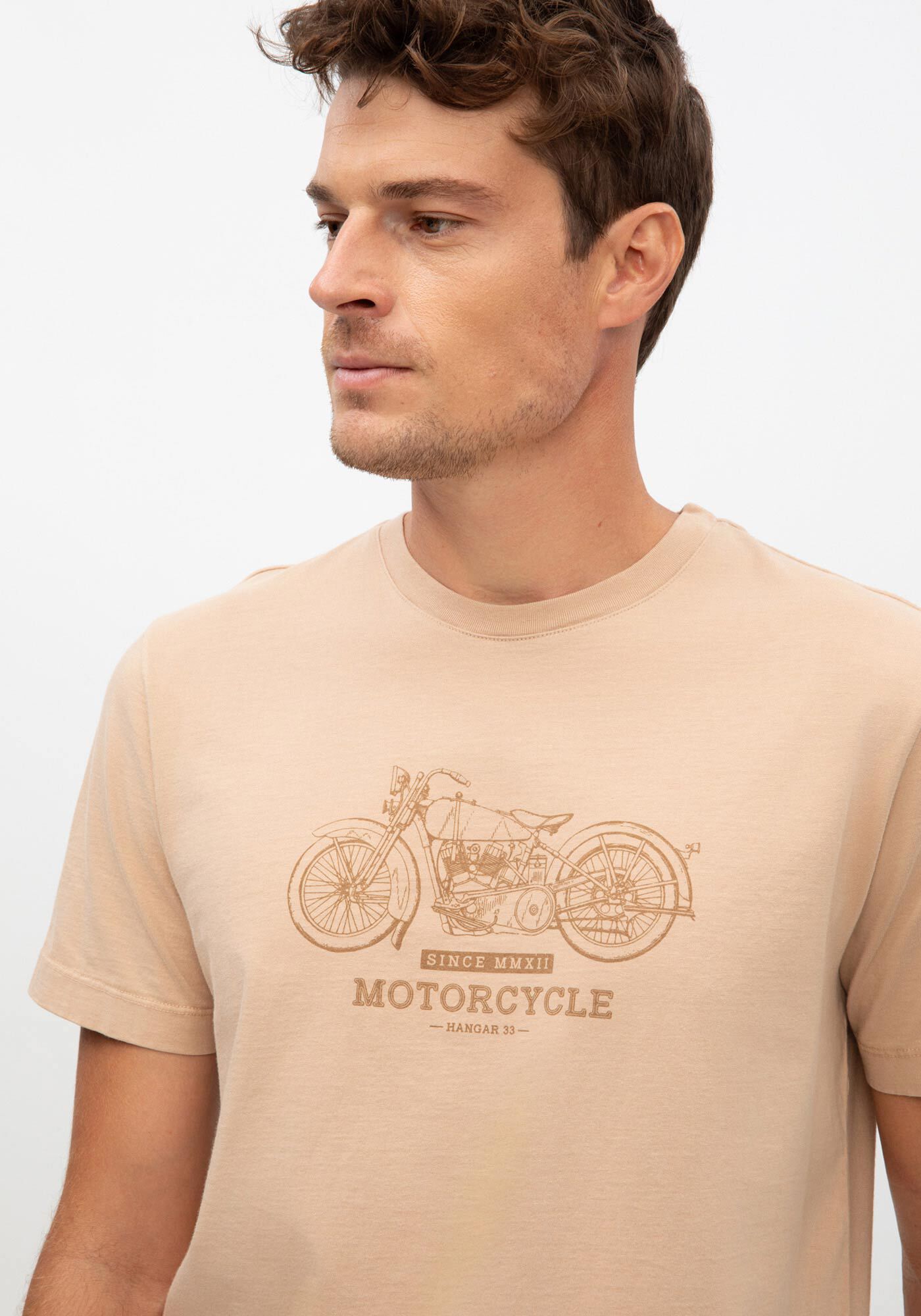 Camiseta Masculina em Malha com Estampa Motorcycle, BEGE ZUCCA, large.
