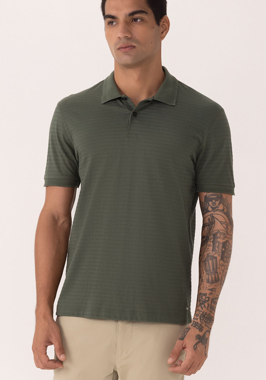Camisa Polo De Mangas Curtas Em Malha Texturizada, VERDE HEIR. Camisa Polo De Mangas Curtas Em Malha Texturizada, VERDE HEIR, large.