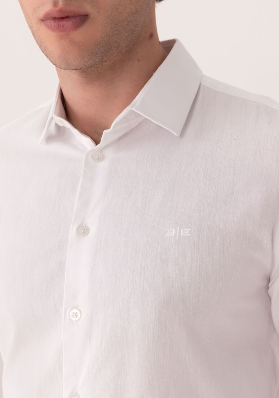 Camisa De Mangas Longas Slim Fit Com Linho, BRANCO. Camisa De Mangas Longas Slim Fit Com Linho, BRANCO, large.