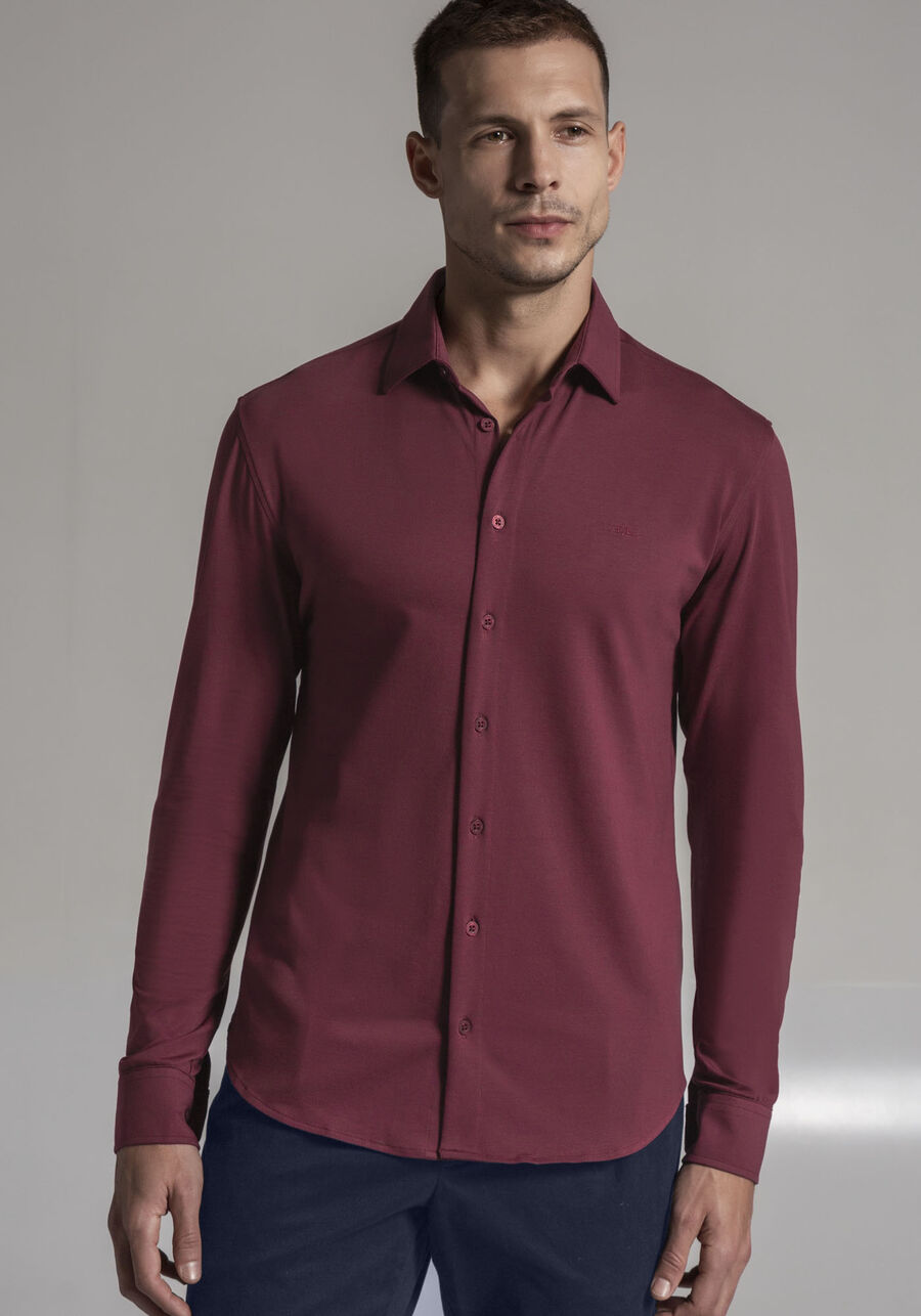 Camisa De Mangas Longas Em Malha Pima Slim Fit Masculina, BORDO WITCH. Camisa De Mangas Longas Em Malha Pima Slim Fit Masculina, BORDO WITCH, large.