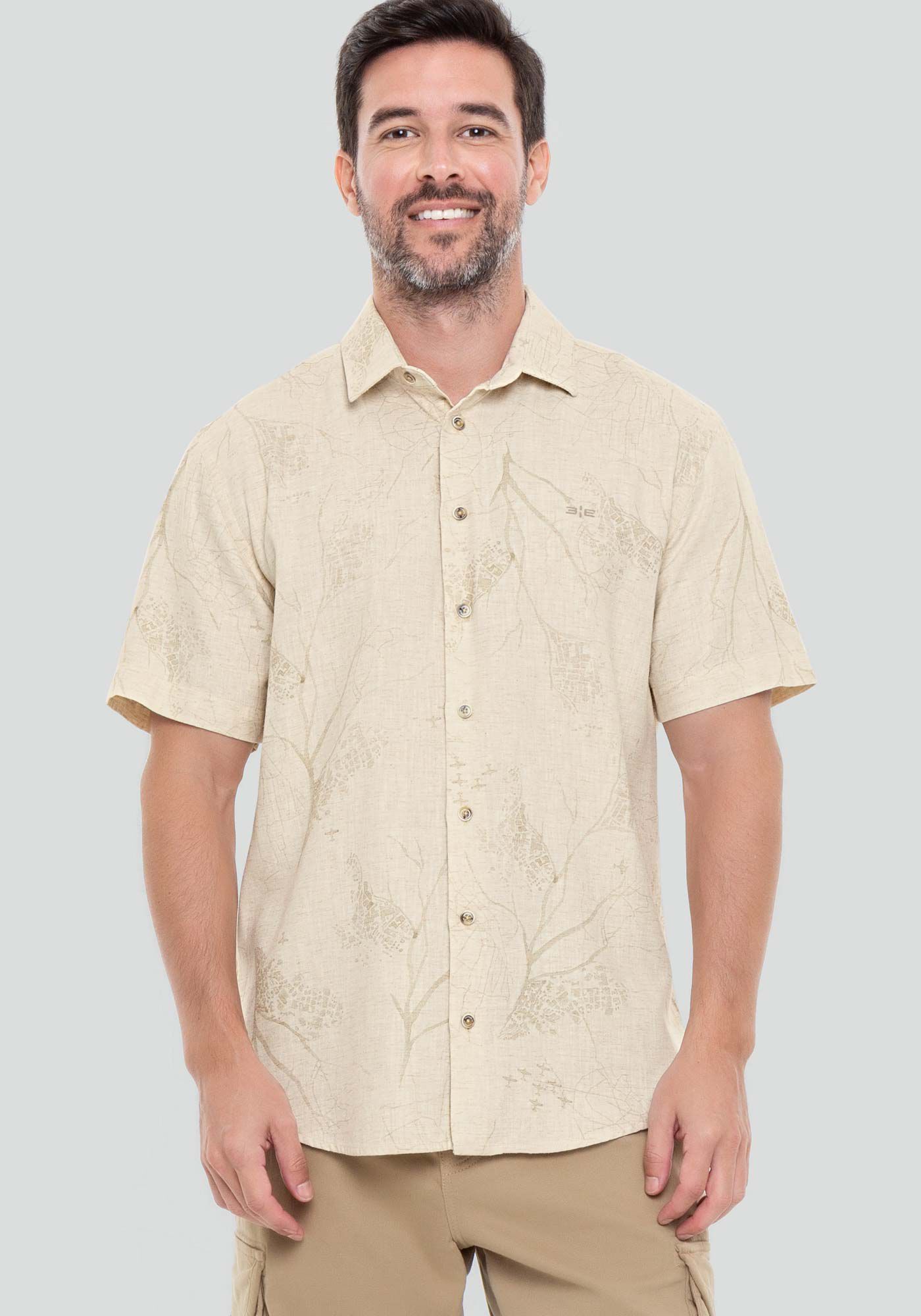 Camisa Manga Curta Masculina em Linho Estampada, GALHOS OFF, large.