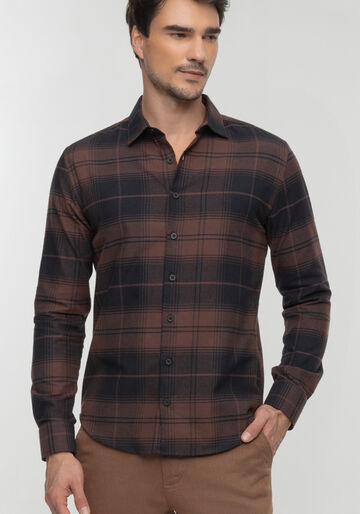 Camisa Slim Fit De Mangas Longas Masculina Em Tecido Flanela, MARROM EGGPLANT. Camisa Slim Fit De Mangas Longas Masculina Em Tecido Flanela, MARROM EGGPLANT, large.