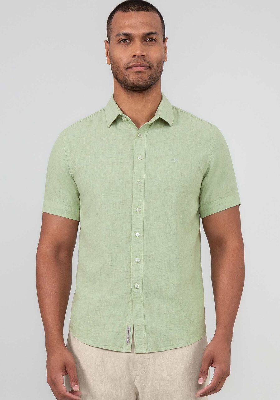 Camisa Manga Curta Masculina em Linho, VERDE ORION. Camisa Manga Curta Masculina em Linho, VERDE ORION, large.