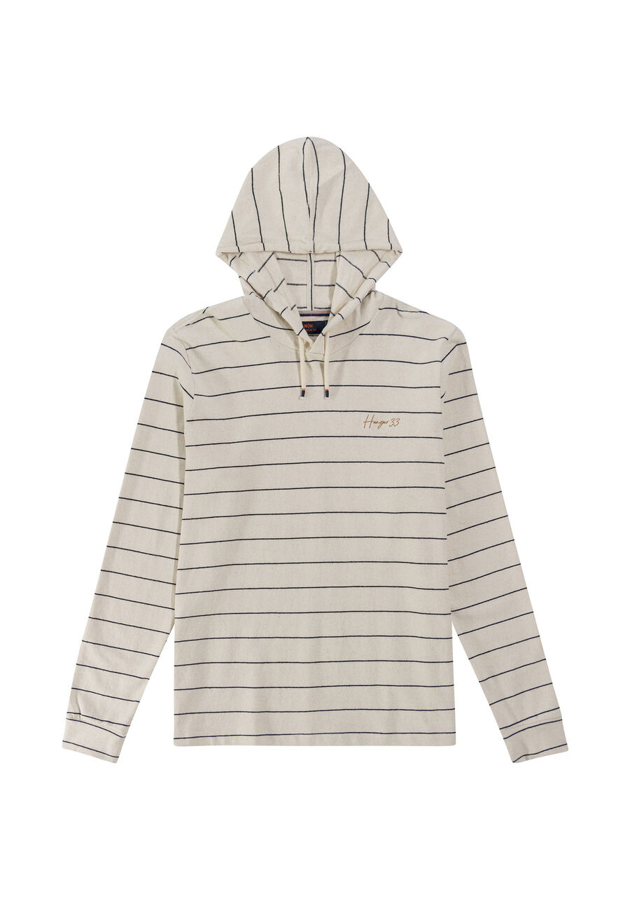 Blusão Listrado em Malha com Capuz, BRANCO OFF WHITE. Blusão Listrado em Malha com Capuz, BRANCO OFF WHITE, large.