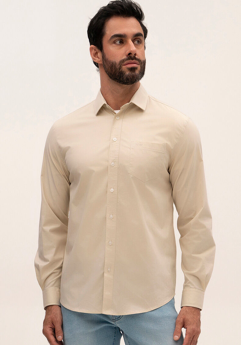 Camisa Comfort De Mangas Longas Masculina Com Elastano, BEGE GINGER, large.