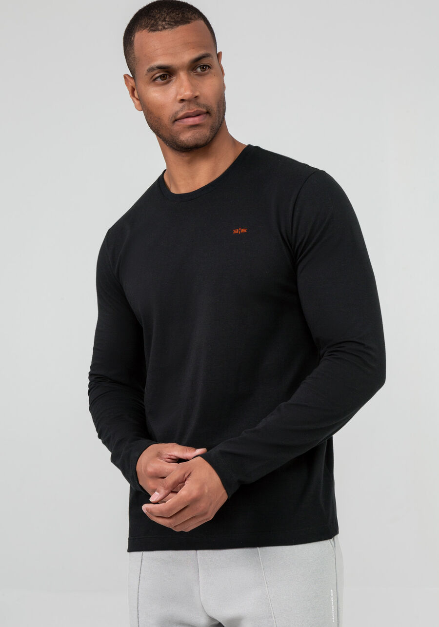 Camiseta Manga Longa Masculina em Malha Básica, PRETO REATIVO. Camiseta Manga Longa Masculina em Malha Básica, PRETO REATIVO, large.