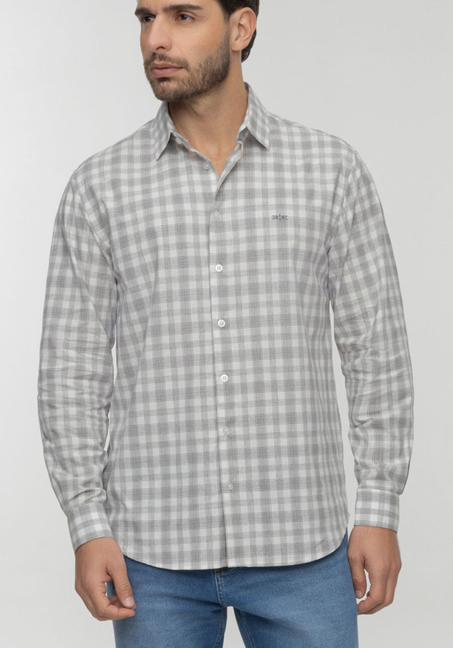 Camisa Masculina De Mangas Longas Xadrez Em Tecido Plano, BRANCO. Camisa Masculina De Mangas Longas Xadrez Em Tecido Plano, BRANCO, large.