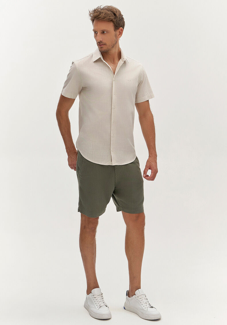 Camisa Manga Curta Masculina em Tecido Flam&ecirc;, BEGE, large.