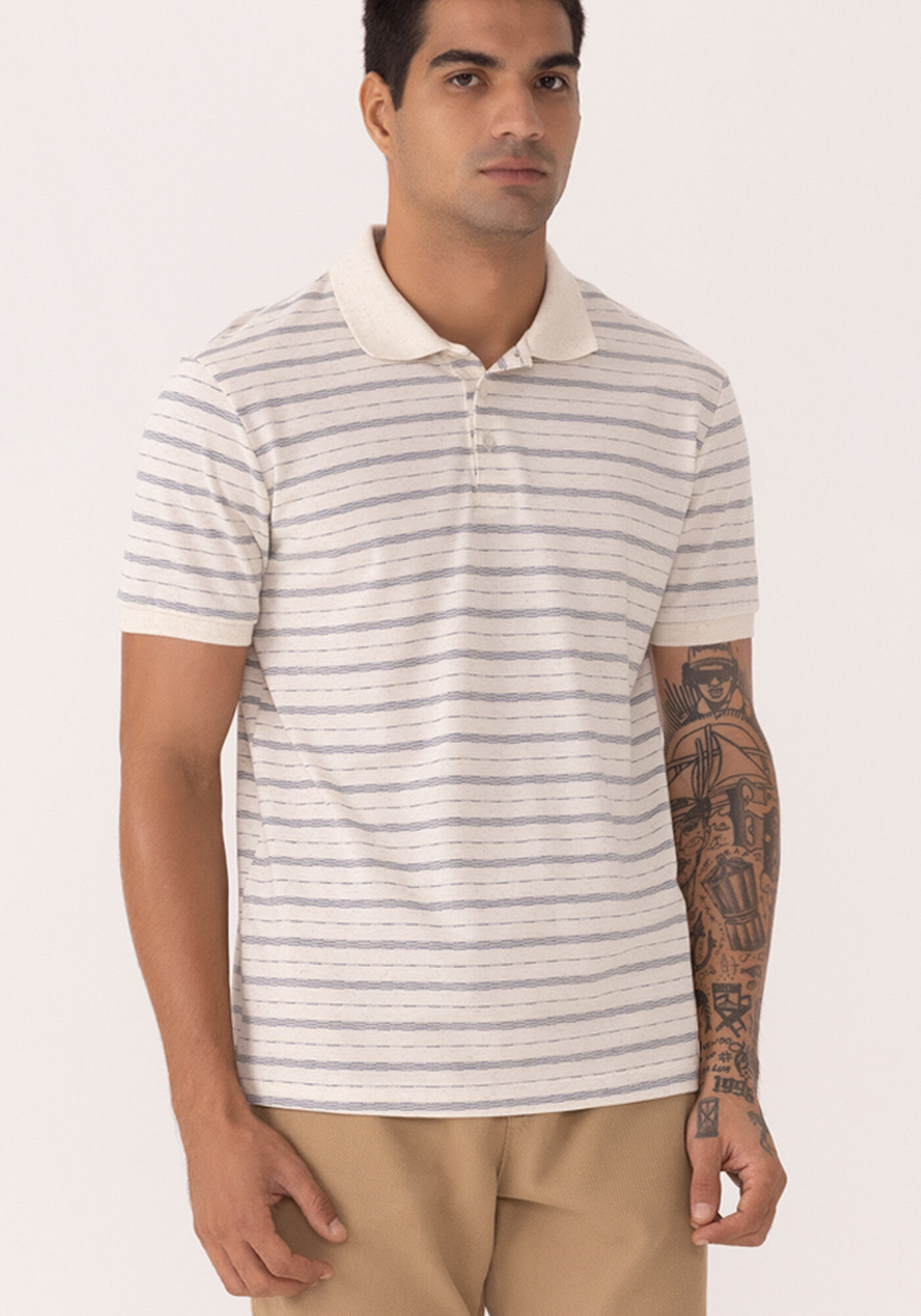Camisa Polo Com Mangas Curtas Em Malha Piquet Com Linho, MARINHO IMPERIO, large.