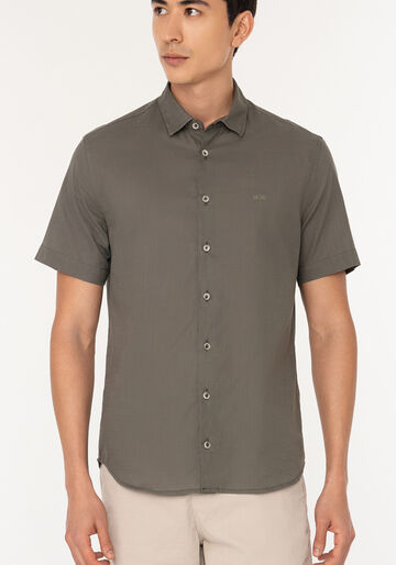 Camisa De Mangas Curtas Masculina Slim Fit Em Tecido Flamê, VERDE FURIA. Camisa De Mangas Curtas Masculina Slim Fit Em Tecido Flamê, VERDE FURIA, large.