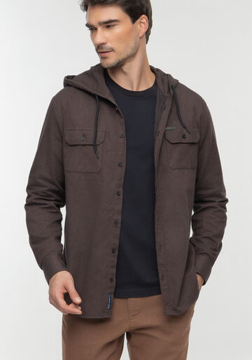 Camisa Masculina Comfort Tecido Flanela Com Capuz E Bolsos, MARROM MEDITERRANEO. Camisa Masculina Comfort Tecido Flanela Com Capuz E Bolsos, MARROM MEDITERRANEO, large.