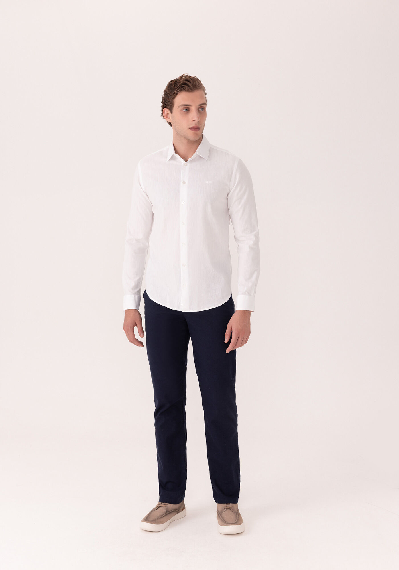 Camisa De Mangas Longas Slim Fit Com Linho, BRANCO, large.