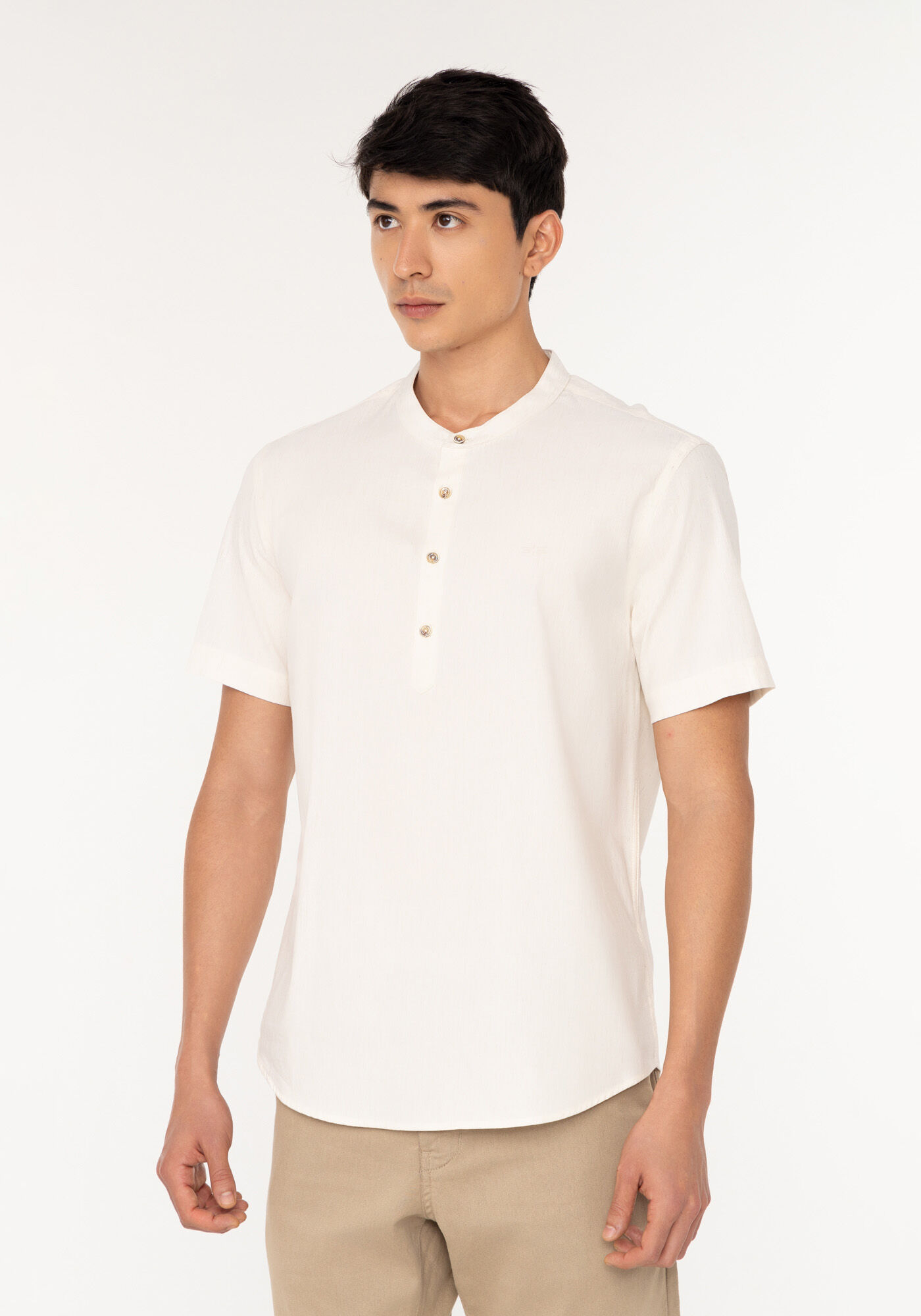 Camisa Bata De Mangas Curtas Com Linho, BRANCO OFF WHITE, large.