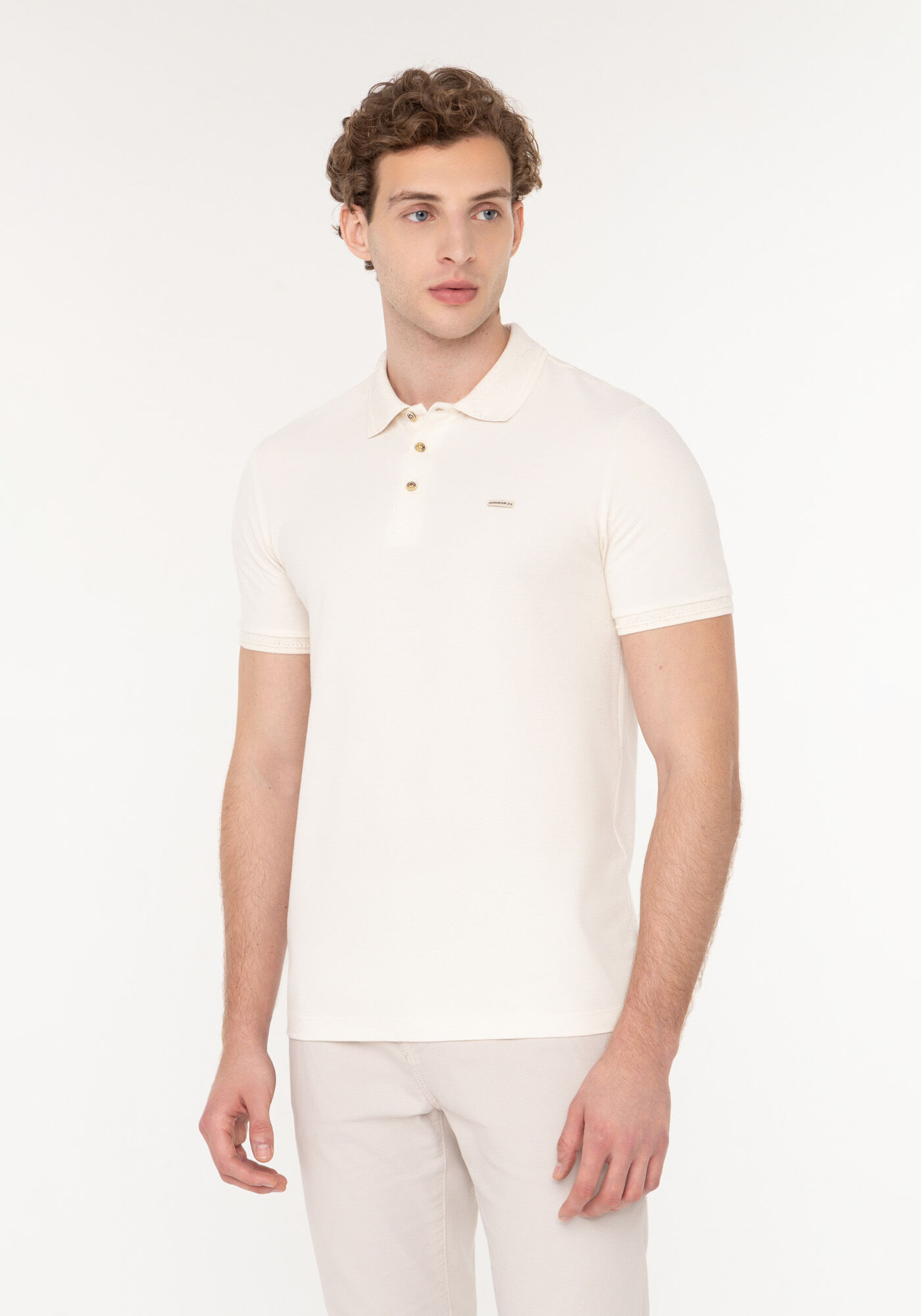 Camisa Polo De Mangas Curtas Em Malha Leve Com Linho, BRANCO OFF WHITE, large.