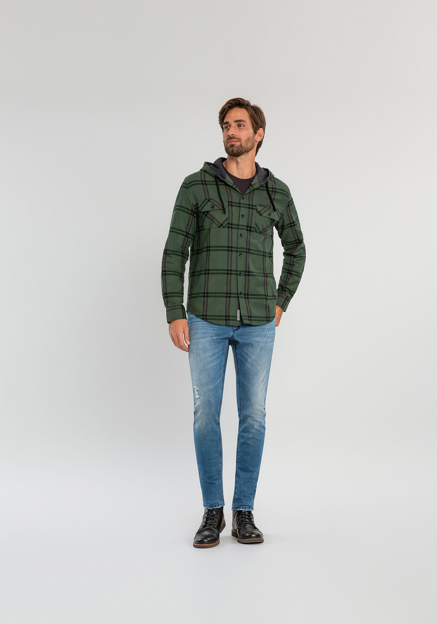 Camisa Capuz Flanela Xadrez Comfort, VERDE GOLF, large.