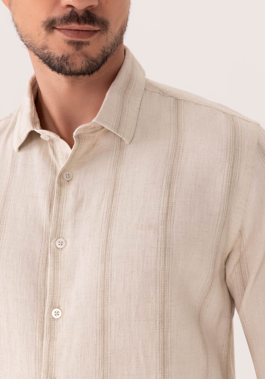 Camisa De Mangas Longas Em Tecido Com Linho, VERTICAL OCRE. Camisa De Mangas Longas Em Tecido Com Linho, VERTICAL OCRE, large.