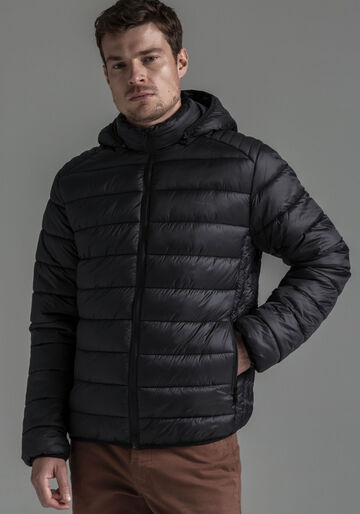 Jaqueta Puffer Em Nylon Com Zíper E Capuz Removível, PRETO REATIVO. Jaqueta Puffer Em Nylon Com Zíper E Capuz Removível, PRETO REATIVO, large.