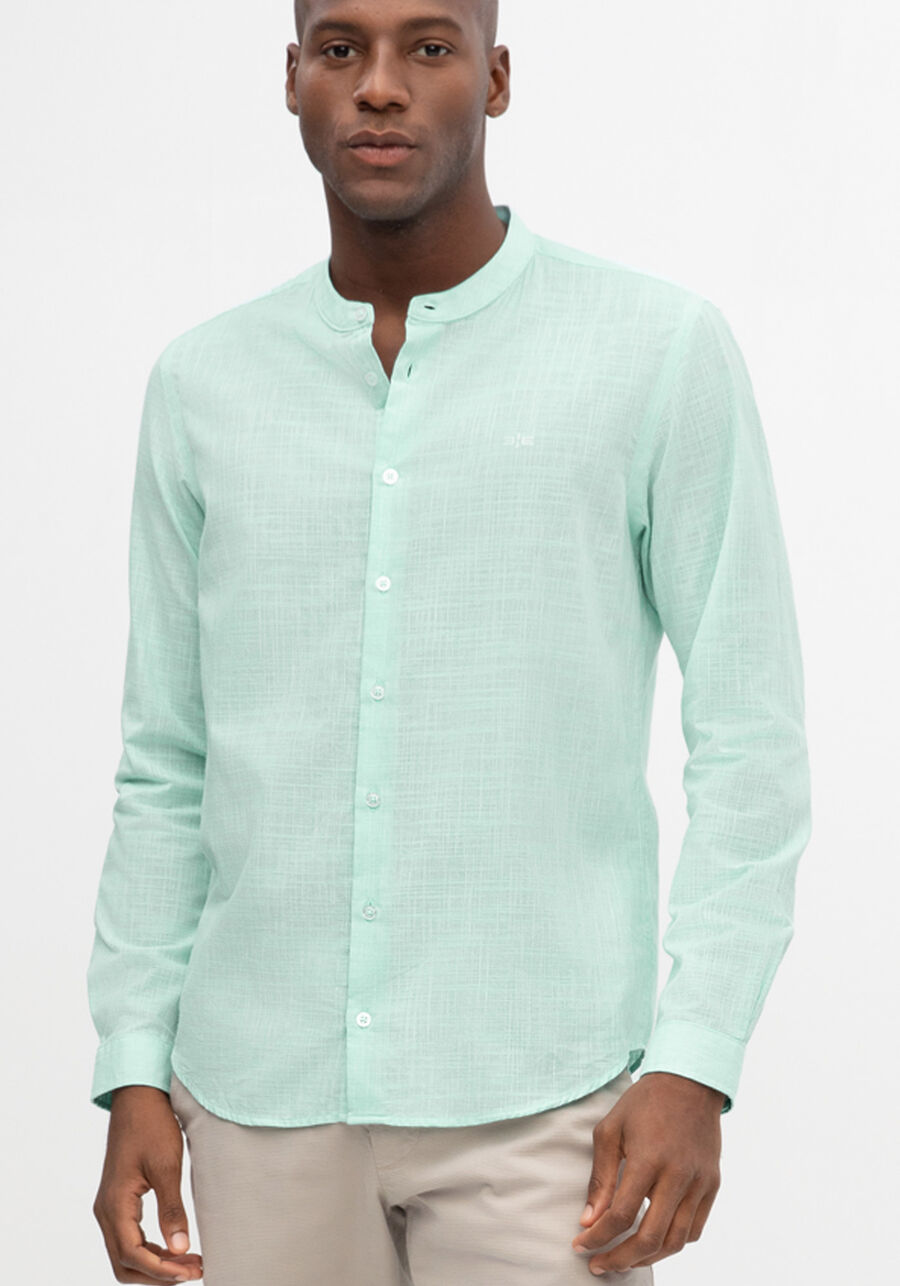 Camisa Masculina Gola Padre Slim Fit em Tecido Flamê, AZUL BORA BORA. Camisa Masculina Gola Padre Slim Fit em Tecido Flamê, AZUL BORA BORA, large.