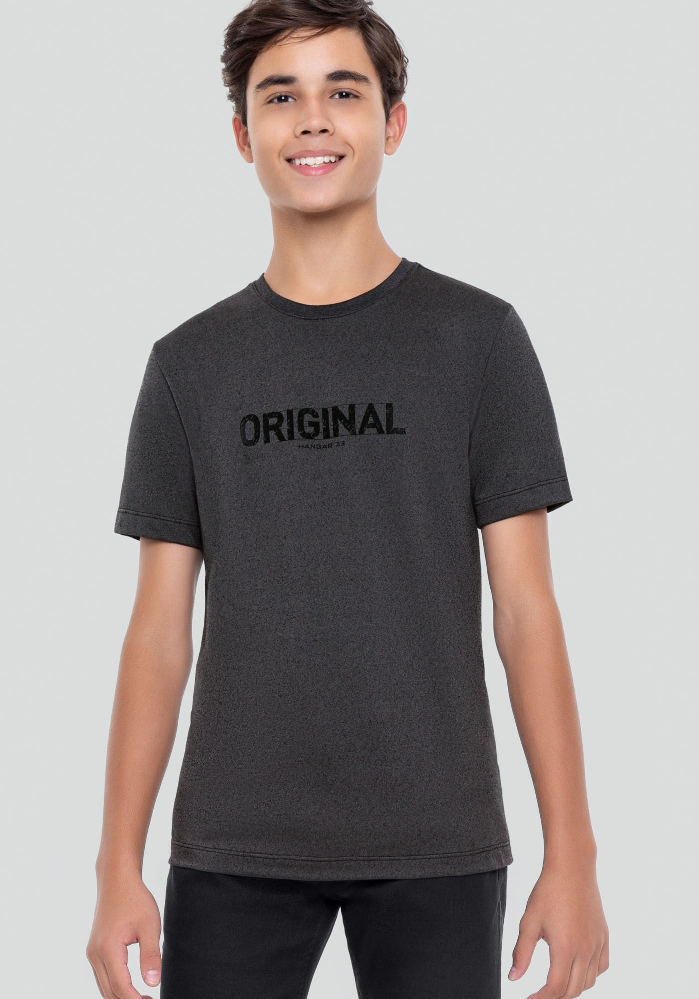 Camiseta Juvenil em Malha Estonada com Estampa, CINZA NOTI, large.