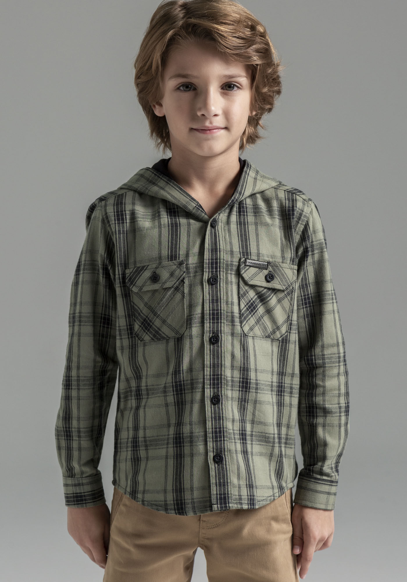 Camisa Infantil em Flanela Xadrez com Capuz, VERDE REIGN, large.
