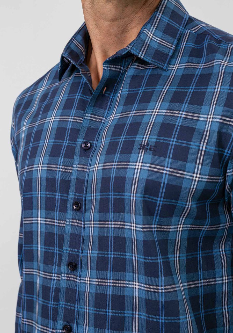 Camisa Masculina Slim Fit em Tecido Sarja Xadrez, MARINHO ACTION. Camisa Masculina Slim Fit em Tecido Sarja Xadrez, MARINHO ACTION, large.