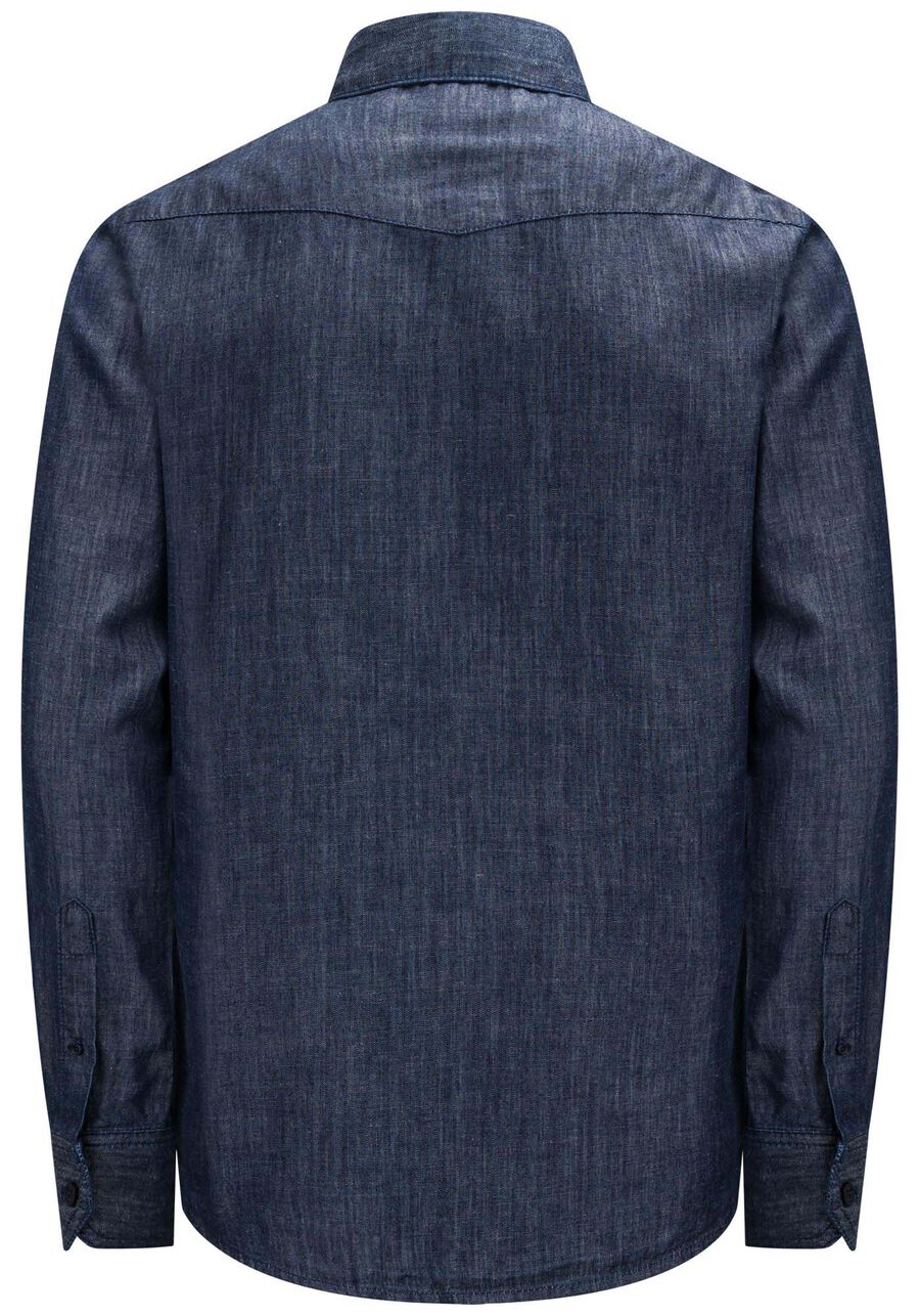 Camisa Masculina Jeans Amaciada Com Linho E Mangas Longas, JEANS. Camisa Masculina Jeans Amaciada Com Linho E Mangas Longas, JEANS, large.