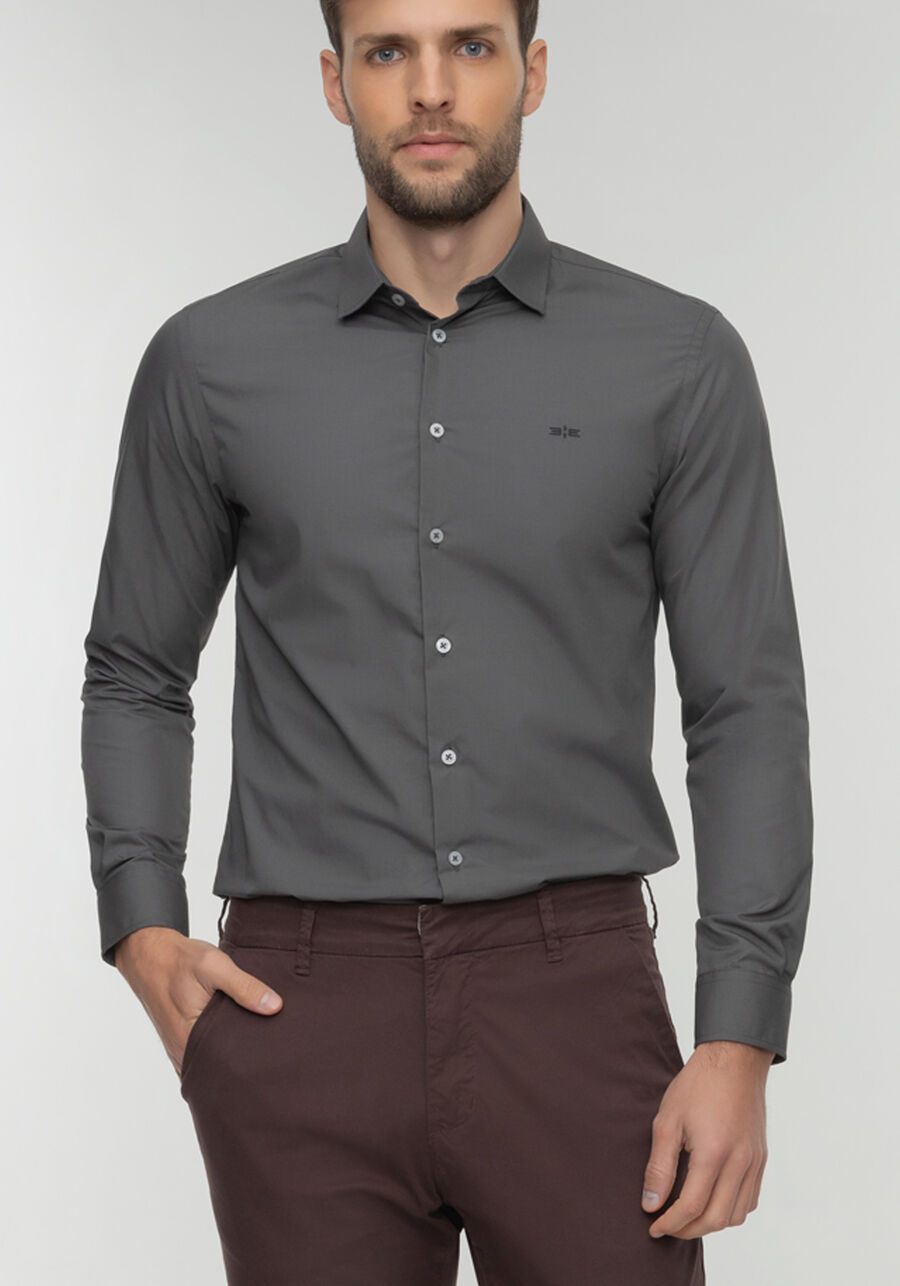 Camisa Masculina Slim Fit Com Mangas Longas Em Tecido Plano, CINZA NOTI. Camisa Masculina Slim Fit Com Mangas Longas Em Tecido Plano, CINZA NOTI, large.