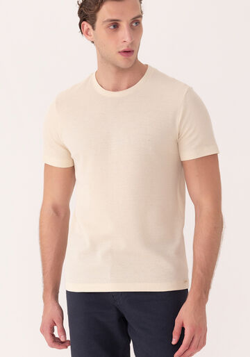 Camiseta Básica De Mangas Curtas Em Malha Texturizada, BEGE ORVALHO. Camiseta Básica De Mangas Curtas Em Malha Texturizada, BEGE ORVALHO, large.