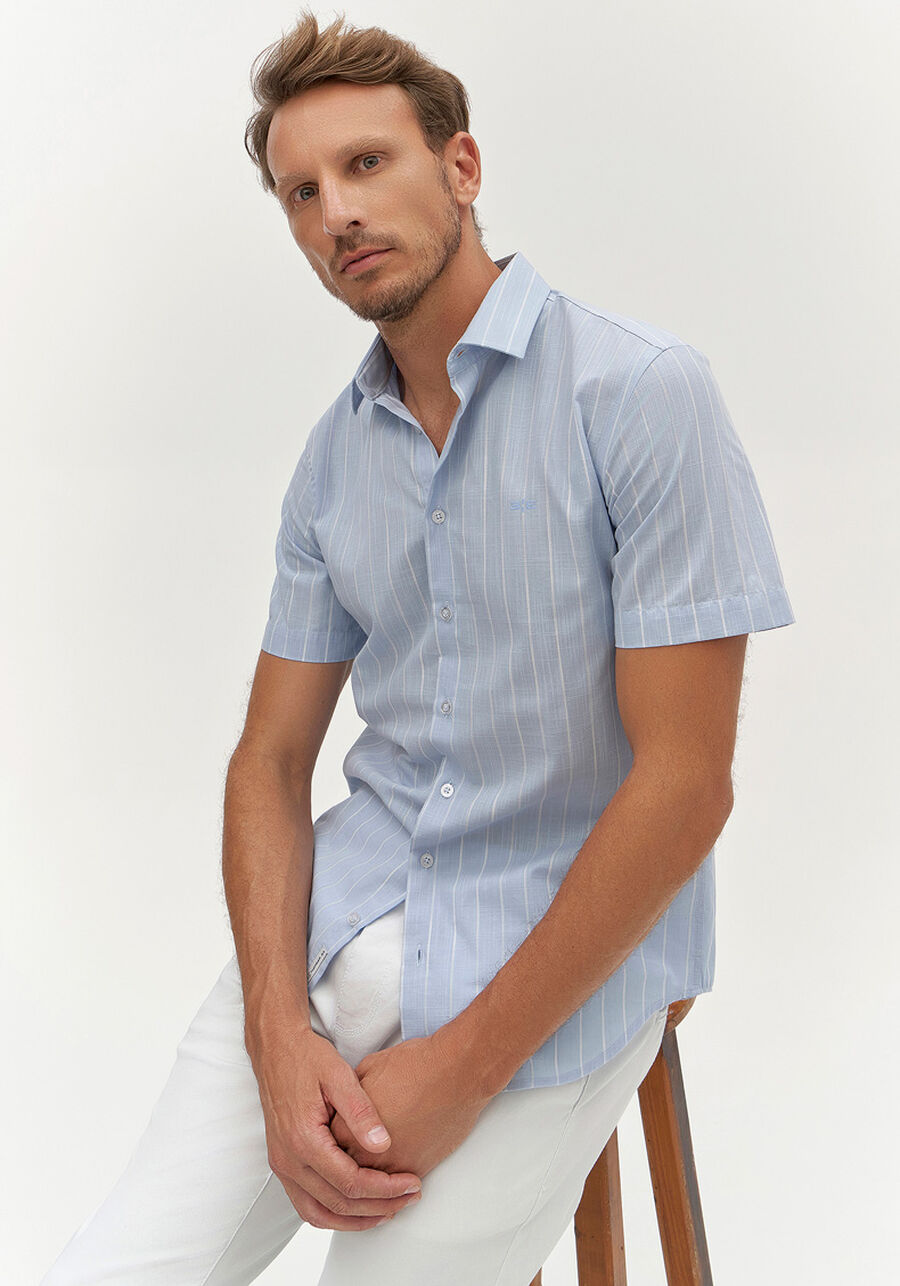 Camisa Masculina Manga Curta Flamê Listrada, AZUL CLARO. Camisa Masculina Manga Curta Flamê Listrada, AZUL CLARO, large.