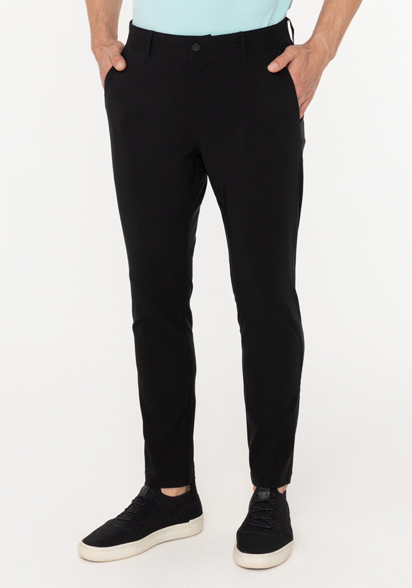 Cal&ccedil;a Em Tecido Plano Com Bolsos E Elastano, PRETO REATIVO, large.