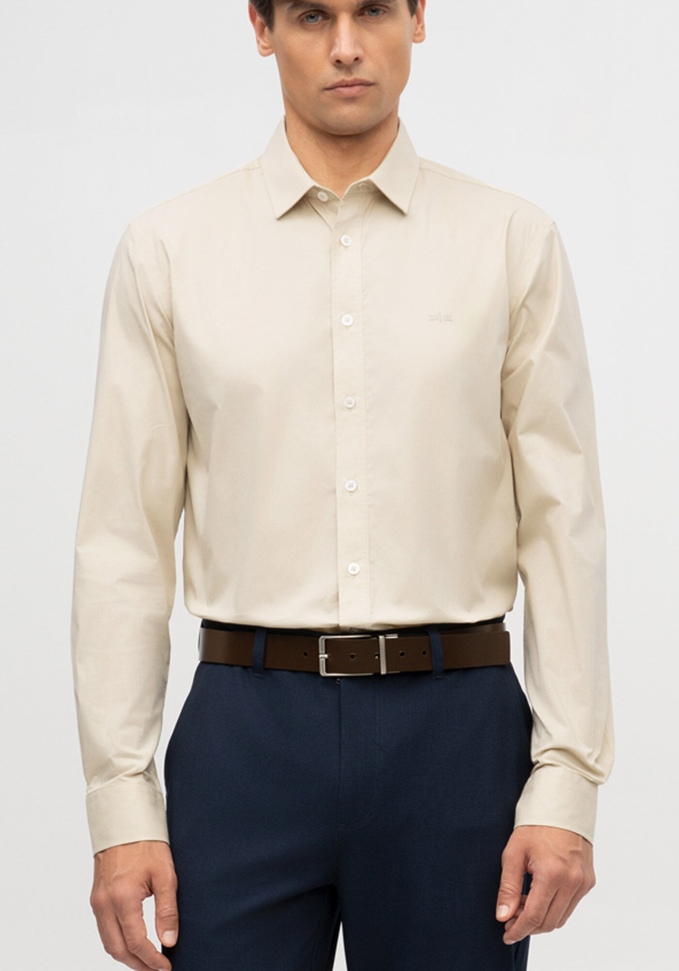 Camisa De Mangas Longas Com Elastano Slim Fit, BEGE GINGER, large.
