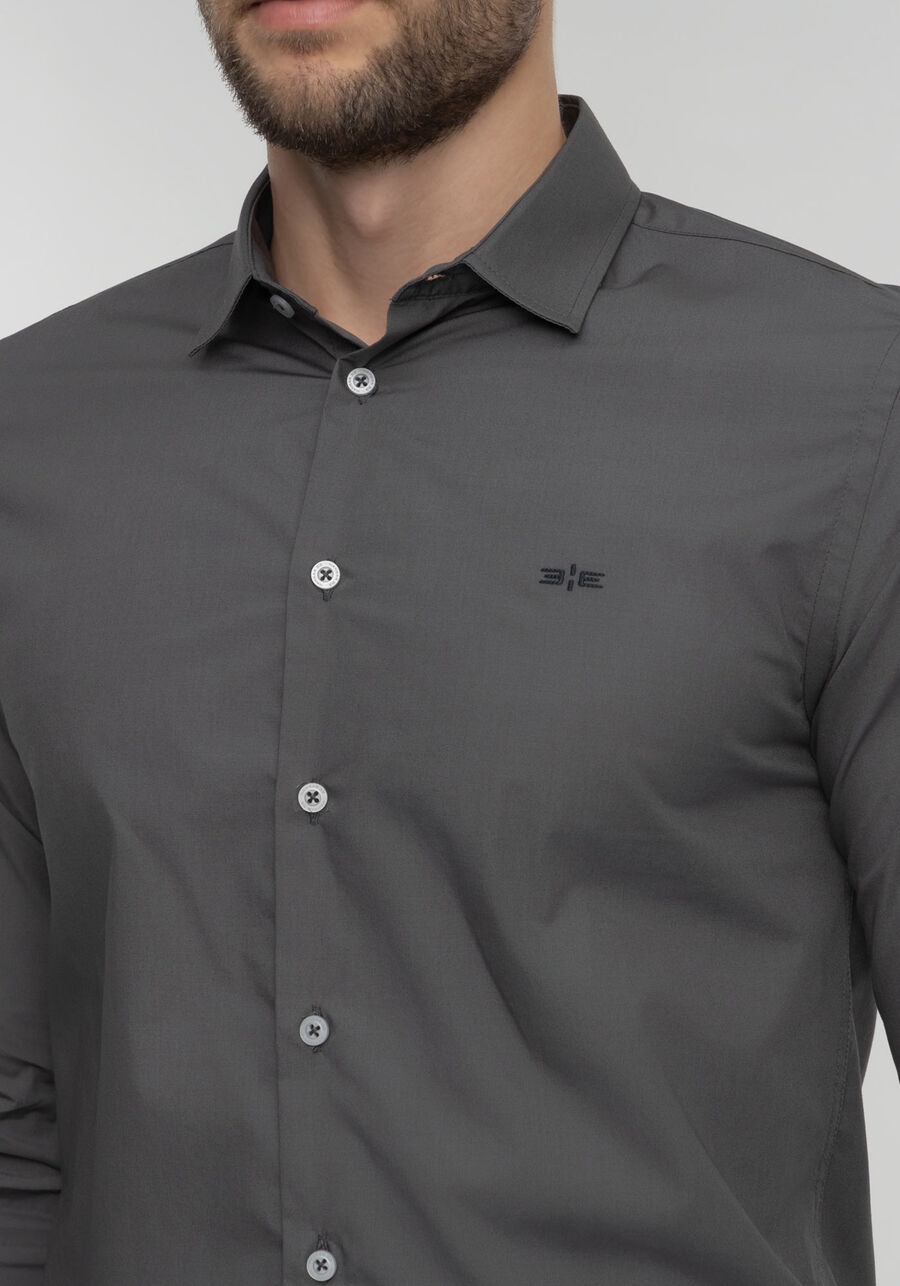 Camisa Masculina Slim Fit Com Mangas Longas Em Tecido Plano, CINZA NOTI. Camisa Masculina Slim Fit Com Mangas Longas Em Tecido Plano, CINZA NOTI, large.