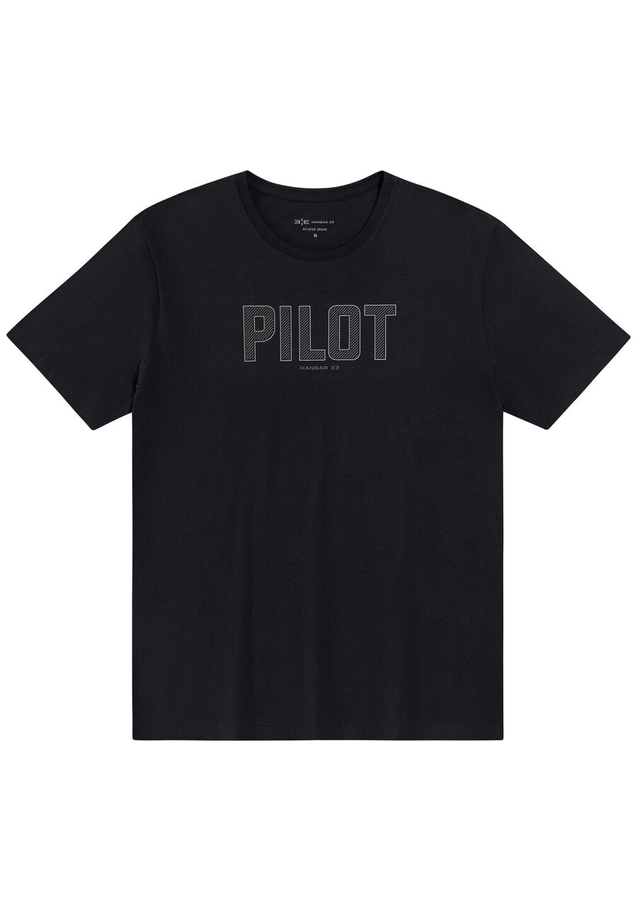 Camiseta Masculina Malha Lixada com Estampa Pilot, PRETO. Camiseta Masculina Malha Lixada com Estampa Pilot, PRETO, large.