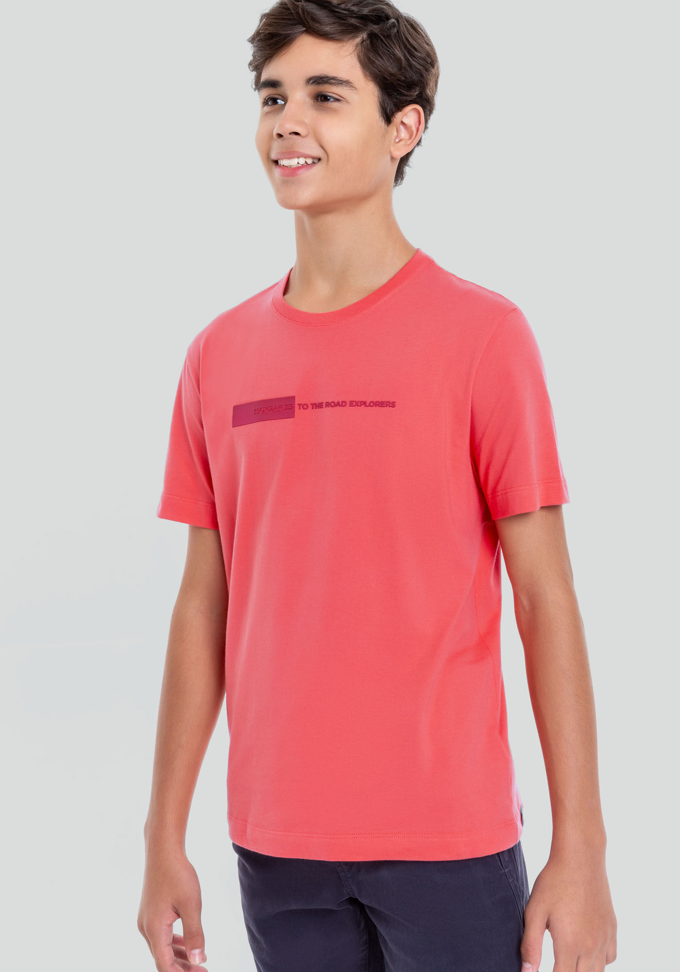 Camiseta Juvenil em Malha Penteada com Estampa, SALMAO BRIGHT CORAL, large.