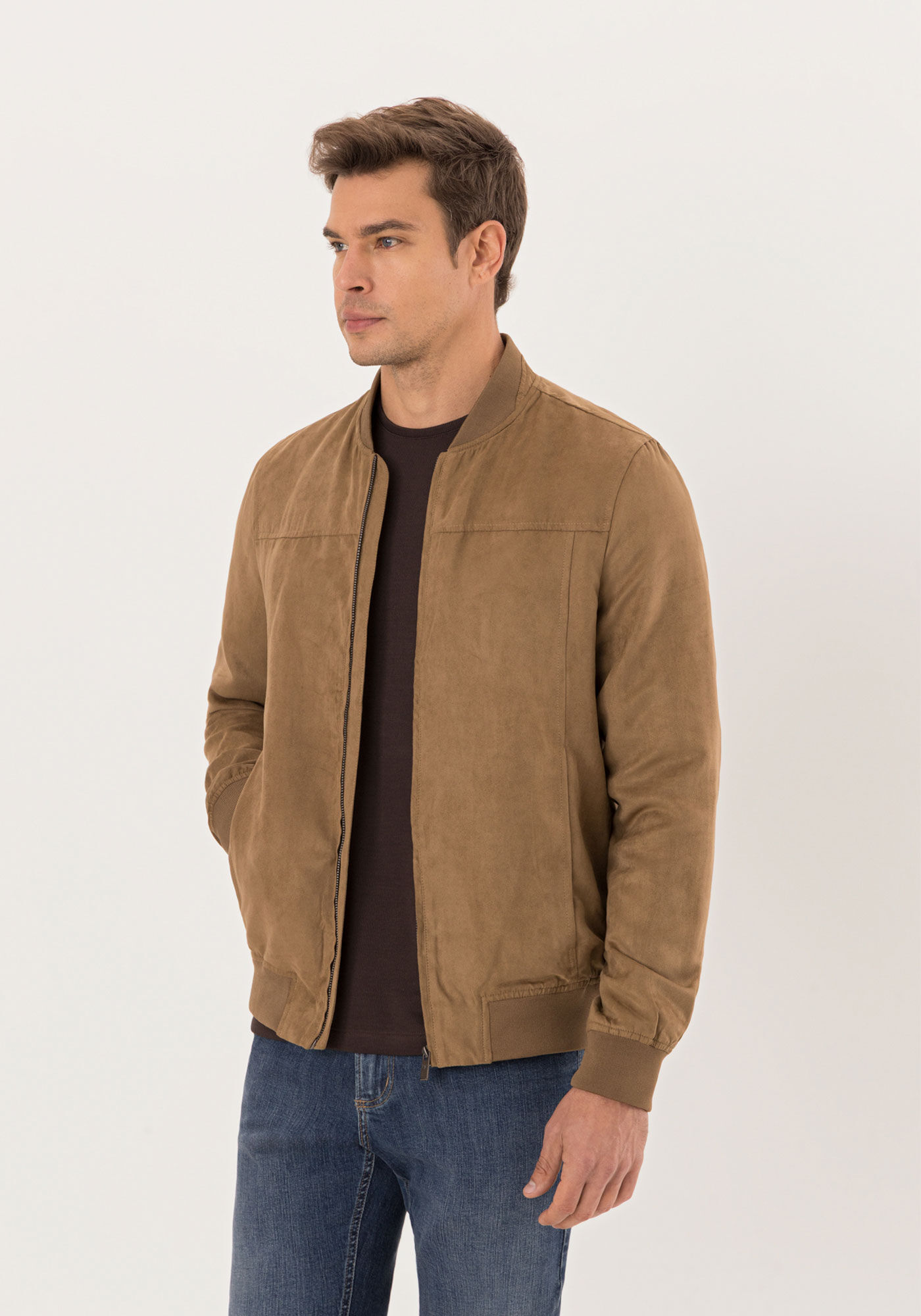 Jaqueta Bomber Masculina Com Punho E Z&iacute;per Em Suede, MARROM TILE, large.