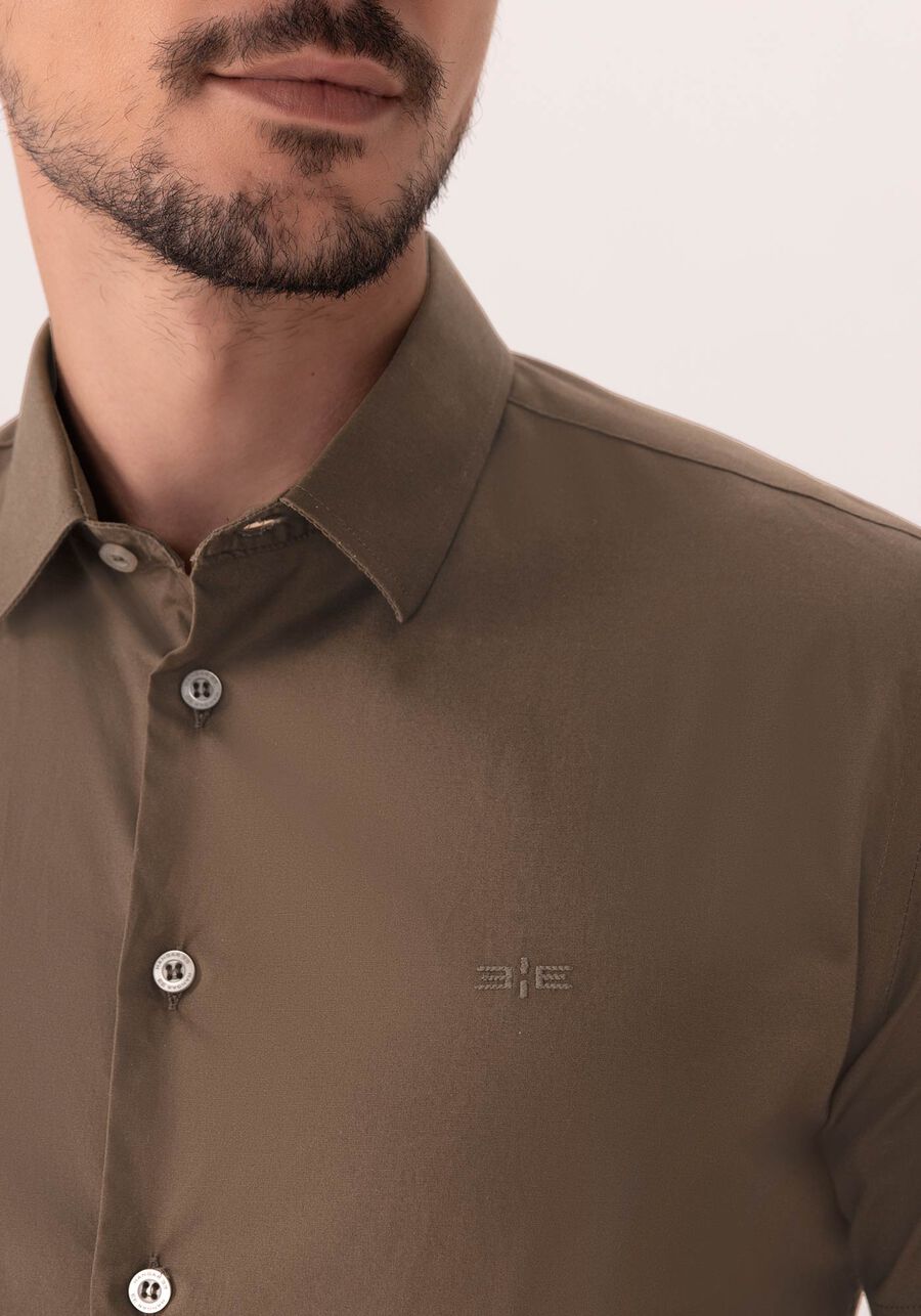 Camisa De Mangas Curtas Slim Fit Em Algodão Mercerizado, MARROM COASTAL. Camisa De Mangas Curtas Slim Fit Em Algodão Mercerizado, MARROM COASTAL, large.