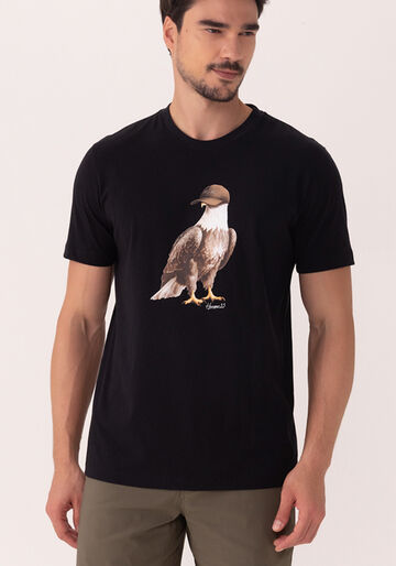 Camiseta Em Meia Malha De Algodão Com Estampa Localizada, PRETO. Camiseta Em Meia Malha De Algodão Com Estampa Localizada, PRETO, large.