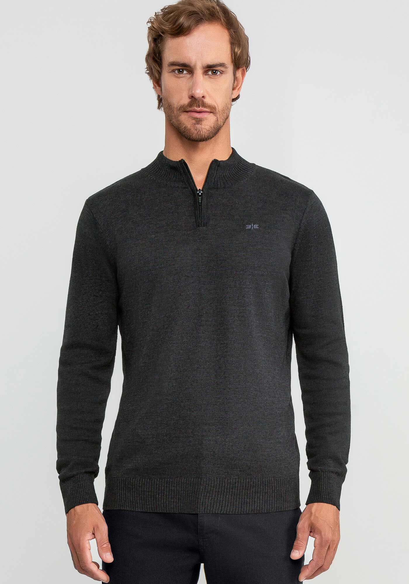 Blus&atilde;o Masculino em Tric&ocirc; com Z&iacute;per, PRETO REATIVO, large.