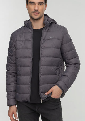 Jaqueta Puffer Em Nylon Com Zíper E Capuz Removível, CINZA CYBER. Jaqueta Puffer Em Nylon Com Zíper E Capuz Removível, CINZA CYBER, large.
