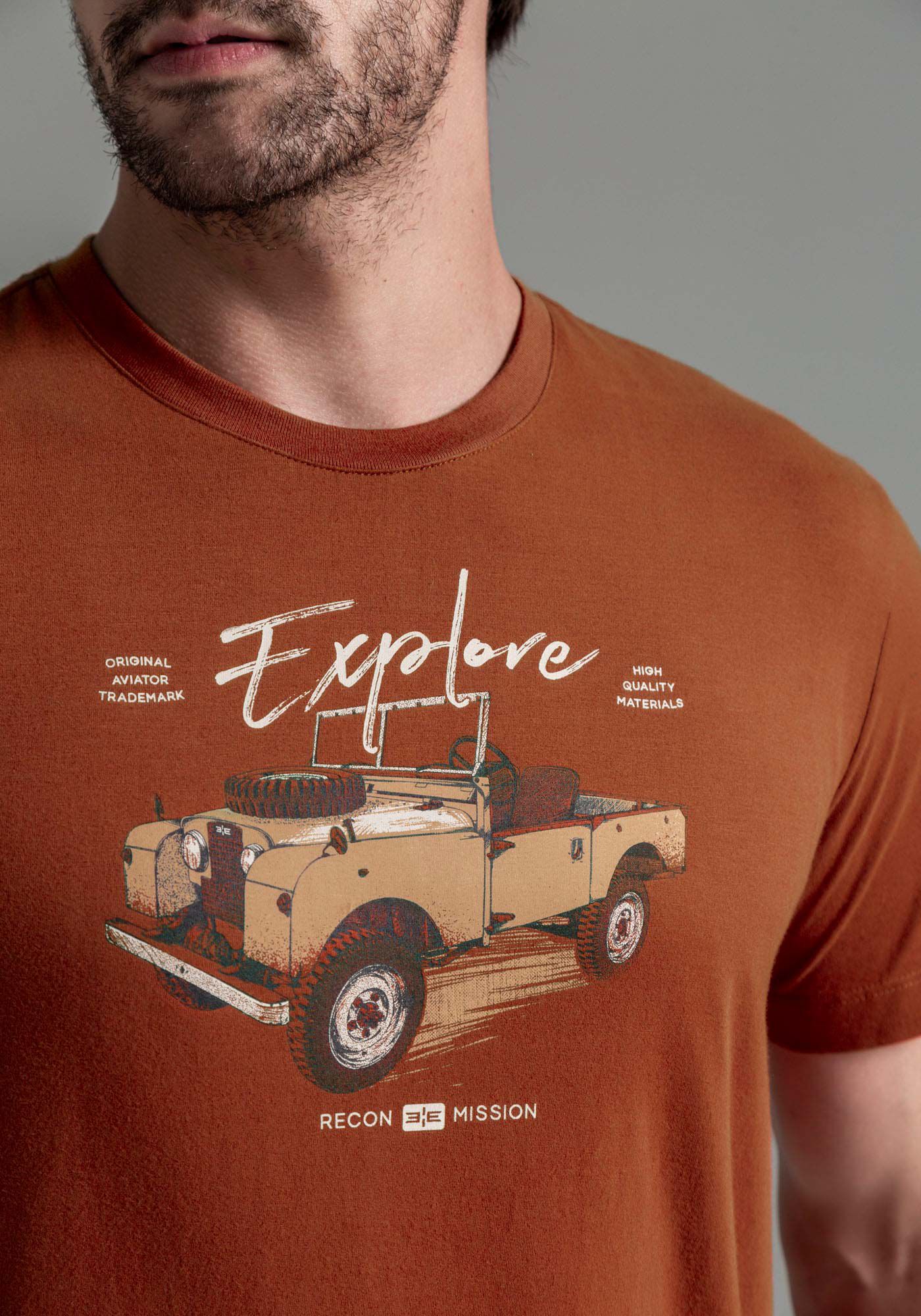 Camiseta Masculina em Malha Peletizada Estampada, LARANJA FERRUGEM, large.