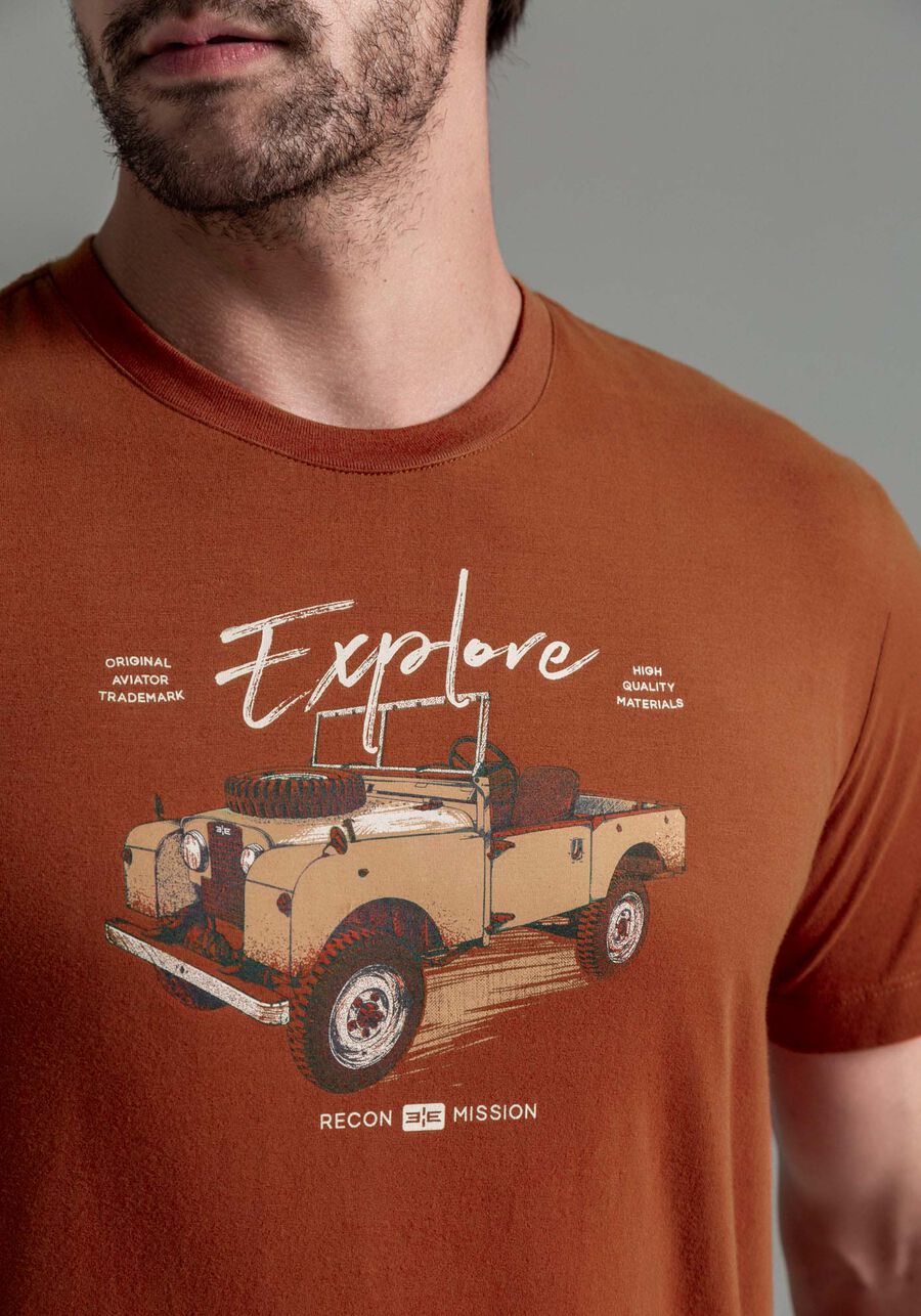 Camiseta Masculina em Malha Peletizada Estampada, LARANJA FERRUGEM. Camiseta Masculina em Malha Peletizada Estampada, LARANJA FERRUGEM, large.