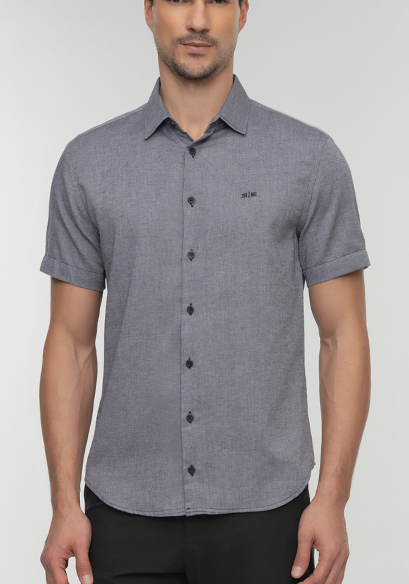 Camisa De Mangas Curtas Em Tecido Oxford, PRETO, large.
