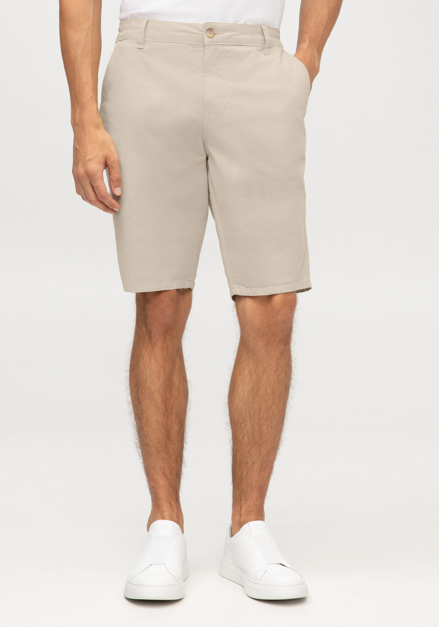 Bermuda Reta Radial Em Sarja Com Elastano, BEGE SYSTEM, large.