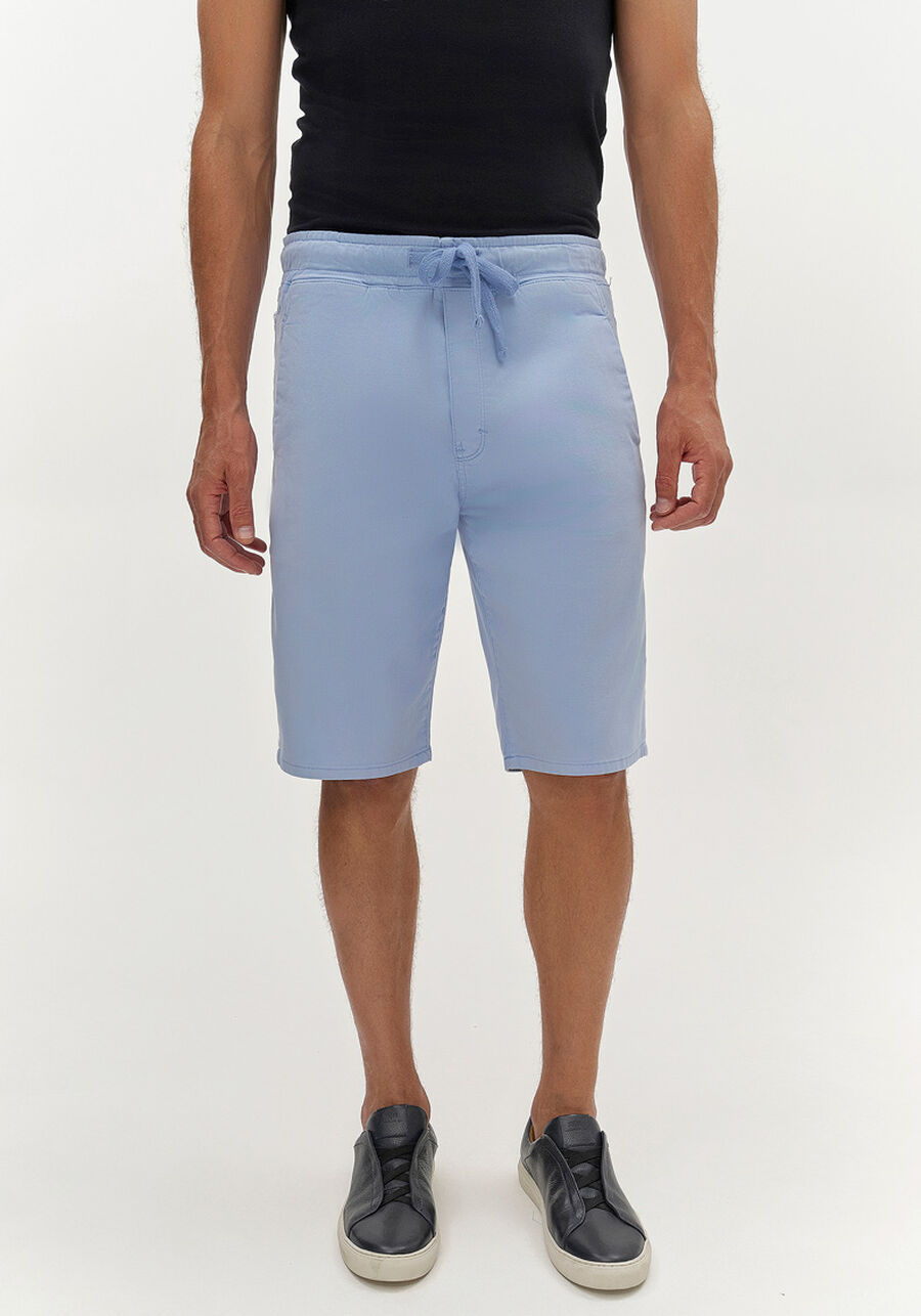 Bermuda Jogging Com Bolsos Em Sarja Denim Malha, AZUL BRUMA. Bermuda Jogging Com Bolsos Em Sarja Denim Malha, AZUL BRUMA, large.