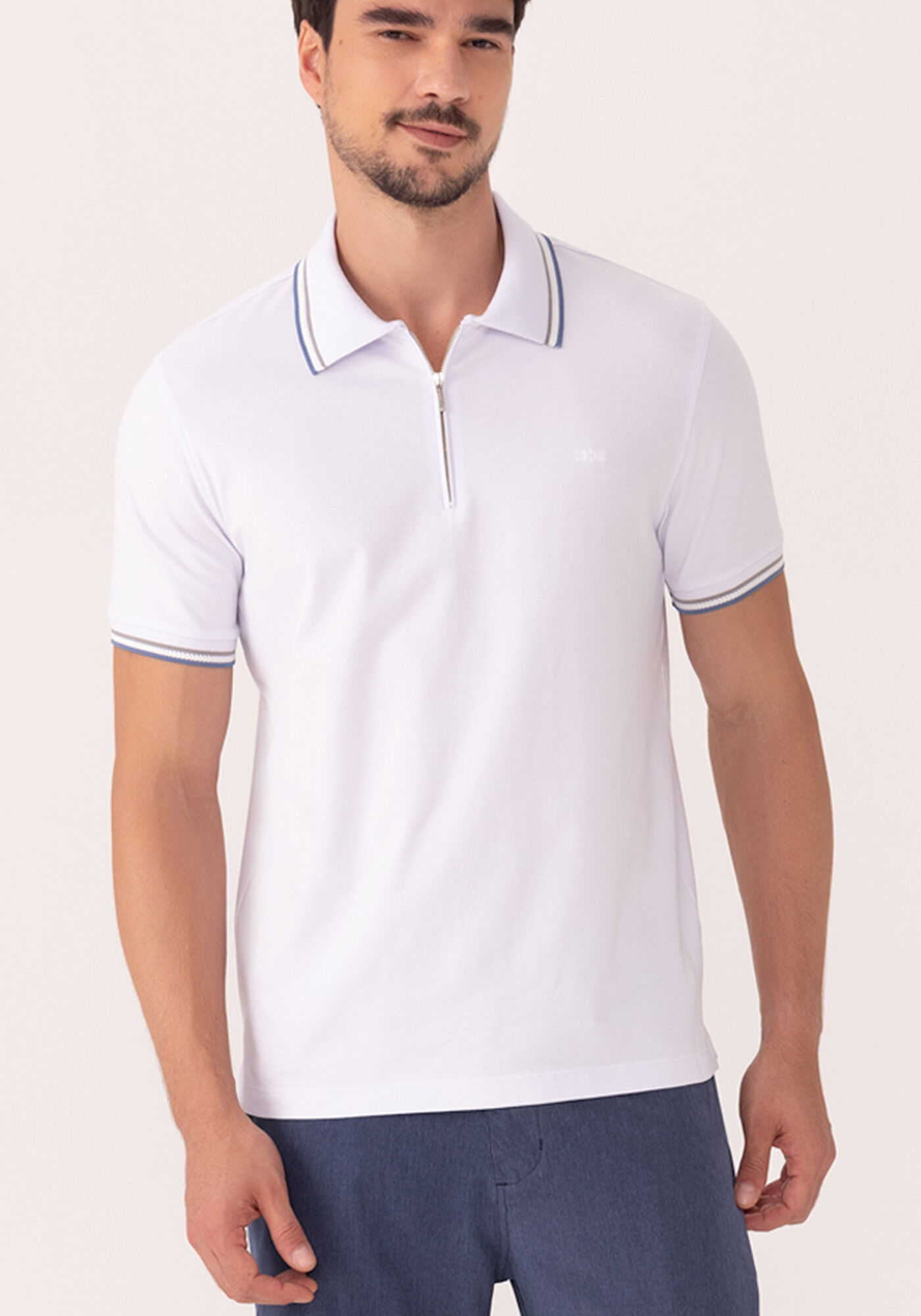 Camisa Polo De Mangas Curtas Com Z&iacute;per Em Malha Premium, BRANCO, large.