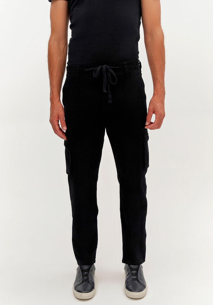 Calça Jogging Masculina Com Bolsos Cargo Em Sarja E Elastano, PRETO REATIVO. Calça Jogging Masculina Com Bolsos Cargo Em Sarja E Elastano, PRETO REATIVO, large.