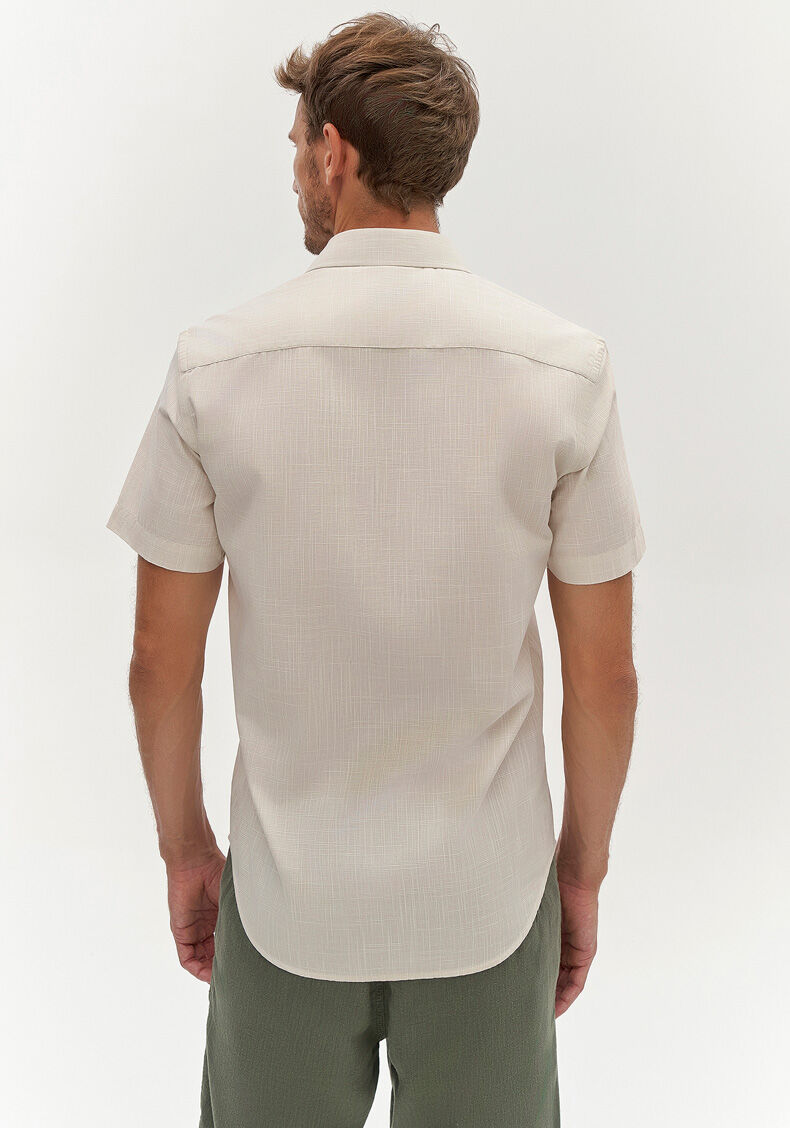 Camisa Manga Curta Masculina em Tecido Flam&ecirc;, BEGE, large.