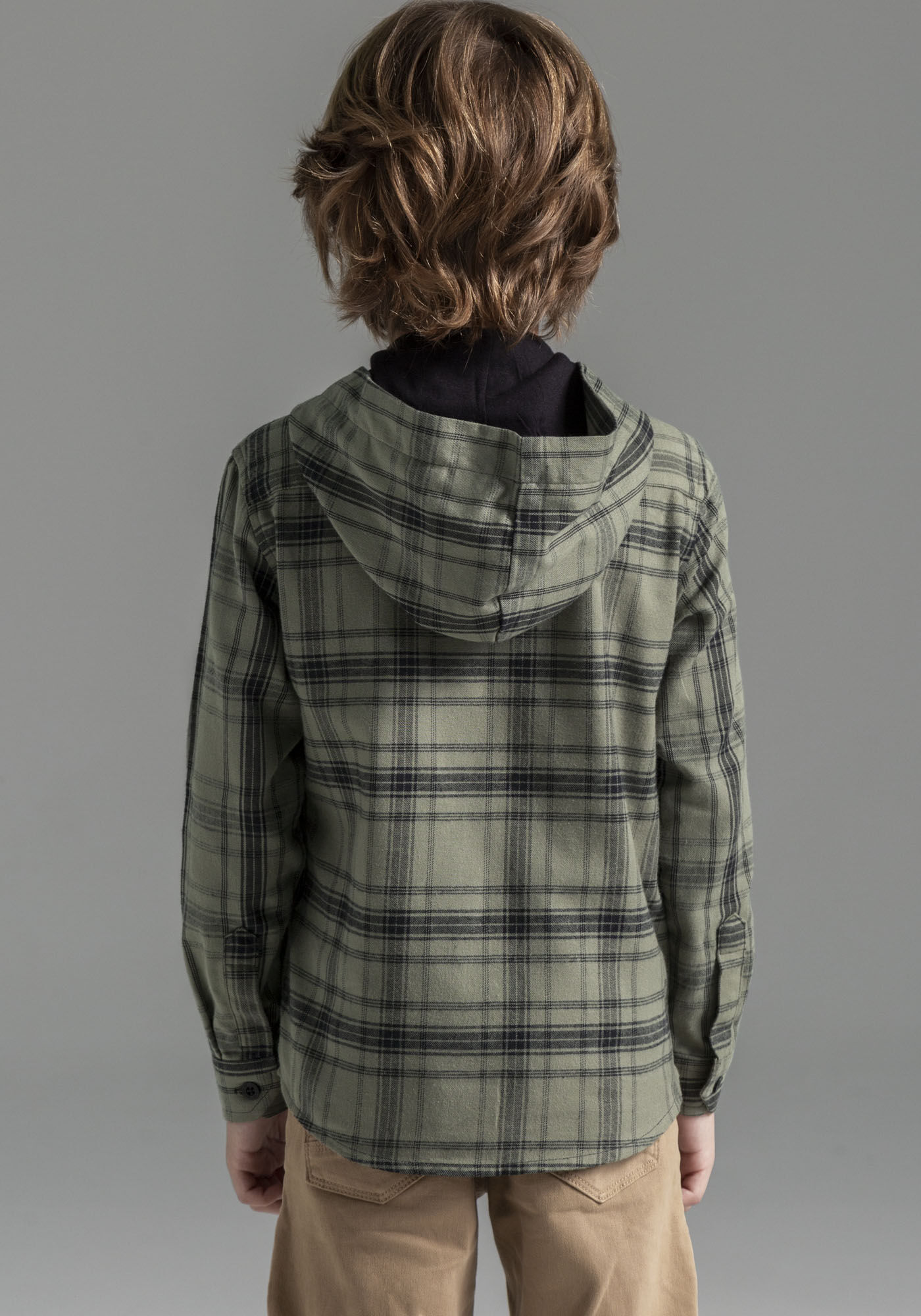 Camisa Infantil em Flanela Xadrez com Capuz, VERDE REIGN, large.